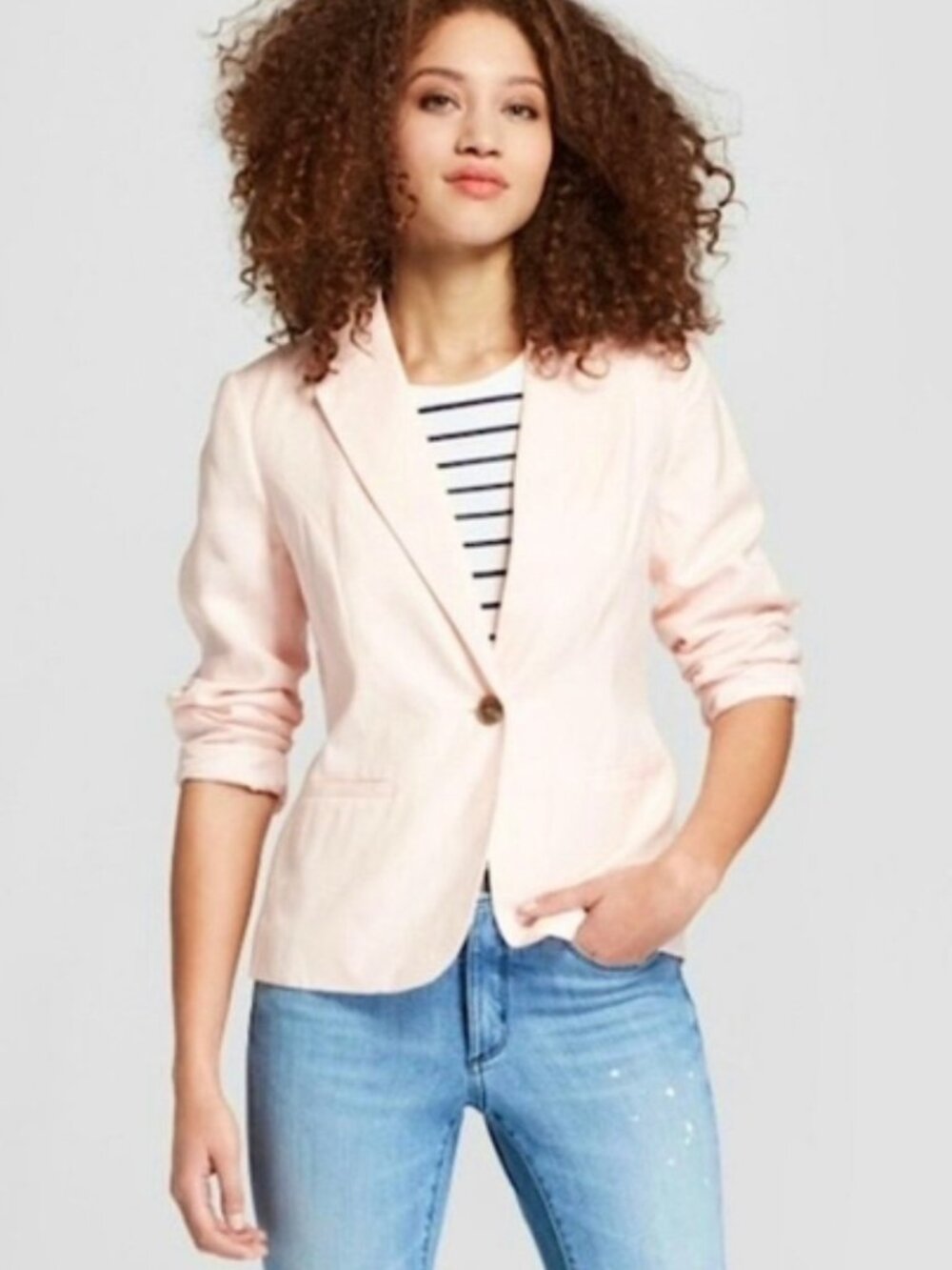 a new day Women's Linen Blend One Button Blazer Size 8 Pale Pink Fully Lined